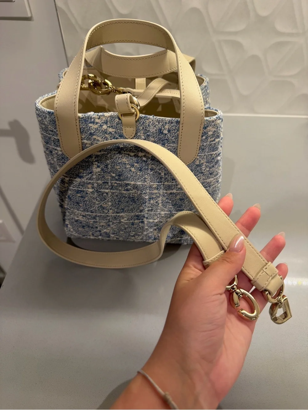 Dior Small Toujours Vertical Tote Bag Blue Tweed & Beige Leather NWT